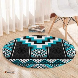 Turquoise Taniko Pattern Aotearoa Round Carpet Niho Taniwha Mix Poutama LT14