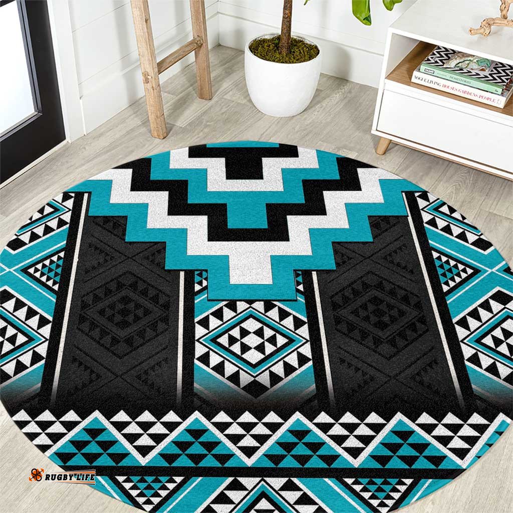 Turquoise Taniko Pattern Aotearoa Round Carpet Niho Taniwha Mix Poutama LT14