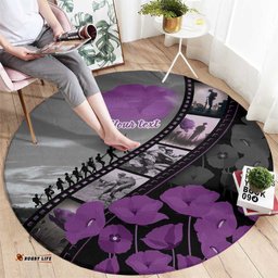 Personalised Remembering ANZAC Lest We Forget Round Carpet Vintage Film Frame Memorial Purple Poppy LT9