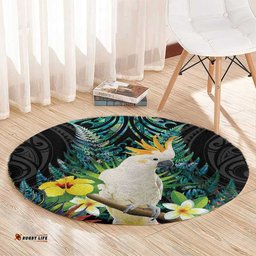 Sulphur-crested Cockatoo New Zealand Round Carpet Paua Shell Aotearoa Maori Tropical Flowers LT14