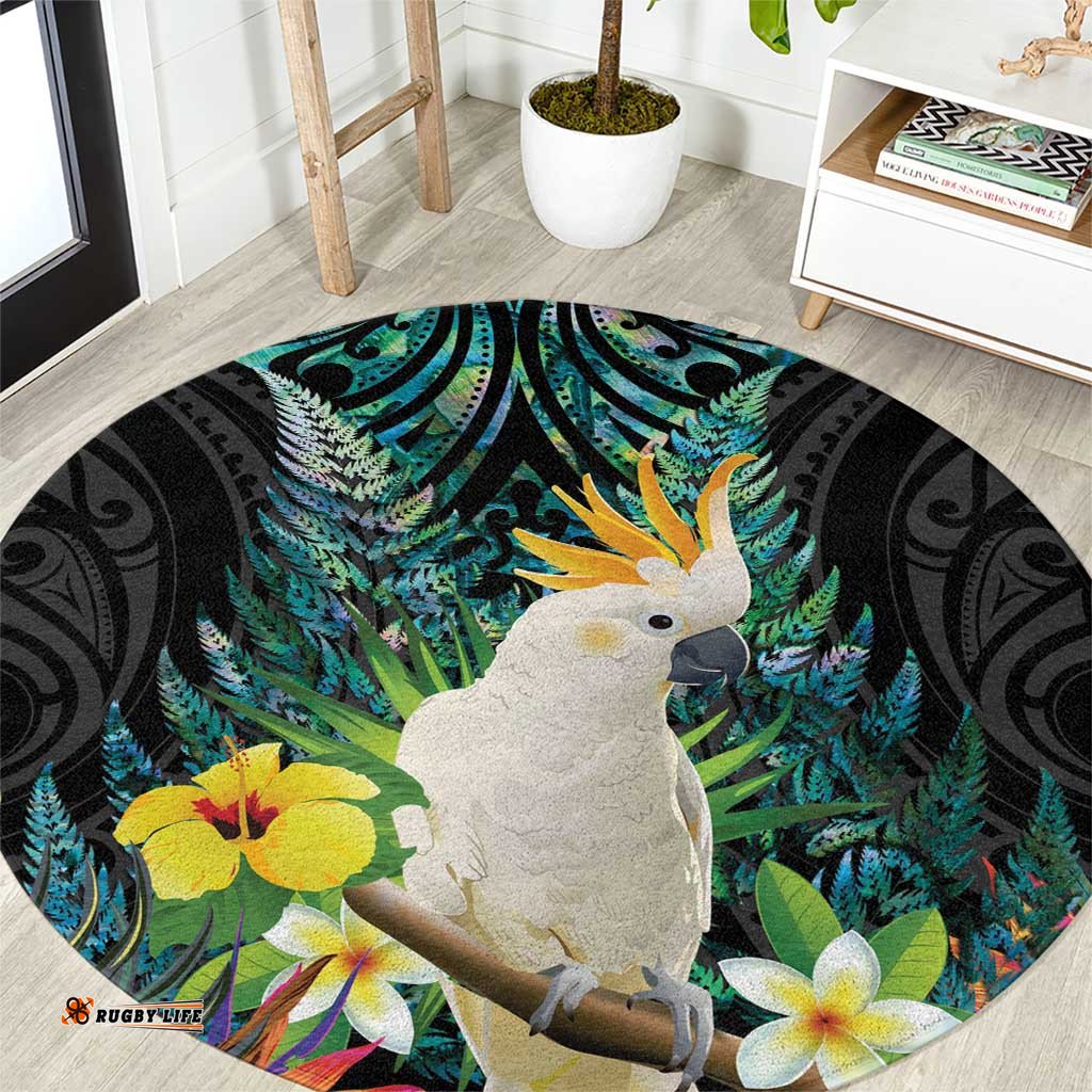 Sulphur-crested Cockatoo New Zealand Round Carpet Paua Shell Aotearoa Maori Tropical Flowers LT14