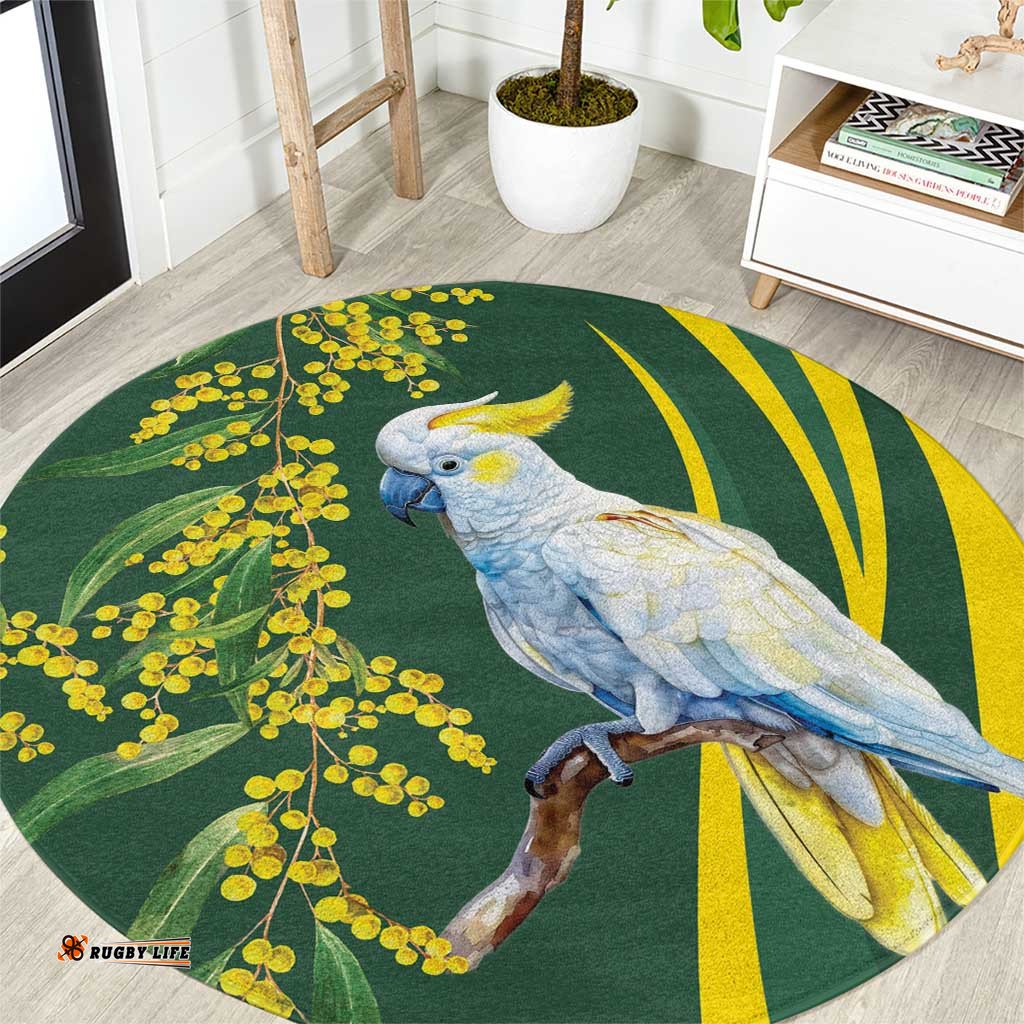 White Cockatoo and Golden Wattle Round Carpet Australian Native Bird LT9