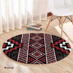 Red Tukutuku Pattern Aotearoa Round Carpet Niho Taniwha and Puhoro Motifs LT7
