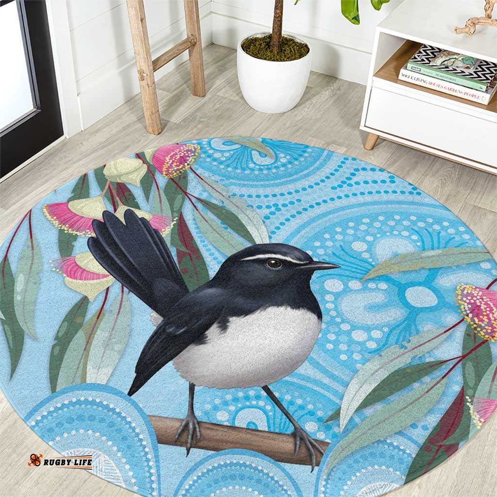 Willie wagtail Australia Round Carpet Eucalyptus Blossoms Aboriginal Art LT14