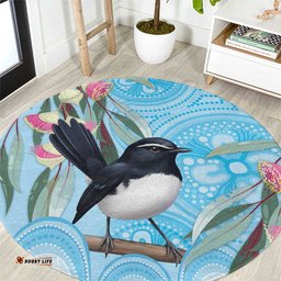 Willie wagtail Australia Round Carpet Eucalyptus Blossoms Aboriginal Art LT14