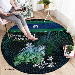 Torres Strait Islands Sea Turtle and Dhari Round Carpet Oceanic Indigenous Dotwork Tribal Illustration TS04