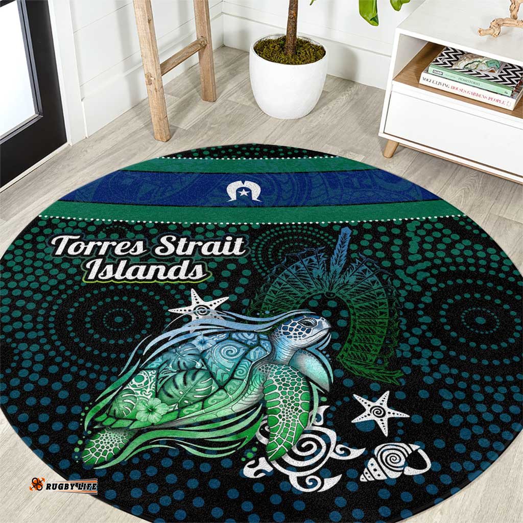 Torres Strait Islands Sea Turtle and Dhari Round Carpet Oceanic Indigenous Dotwork Tribal Illustration TS04