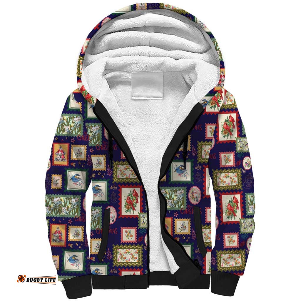 Aussie Birds Christmas La La Land Sherpa Hoodie Navy Blue Vintage Stamp Edition LT9