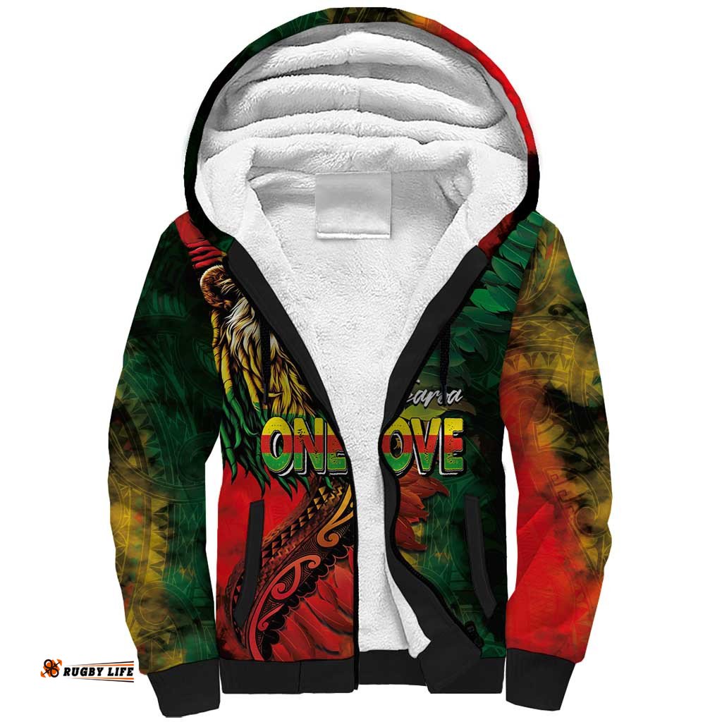 Aotearoa One Love Sherpa Hoodie Reggae Lion with Kakahu Huruhuru LT03