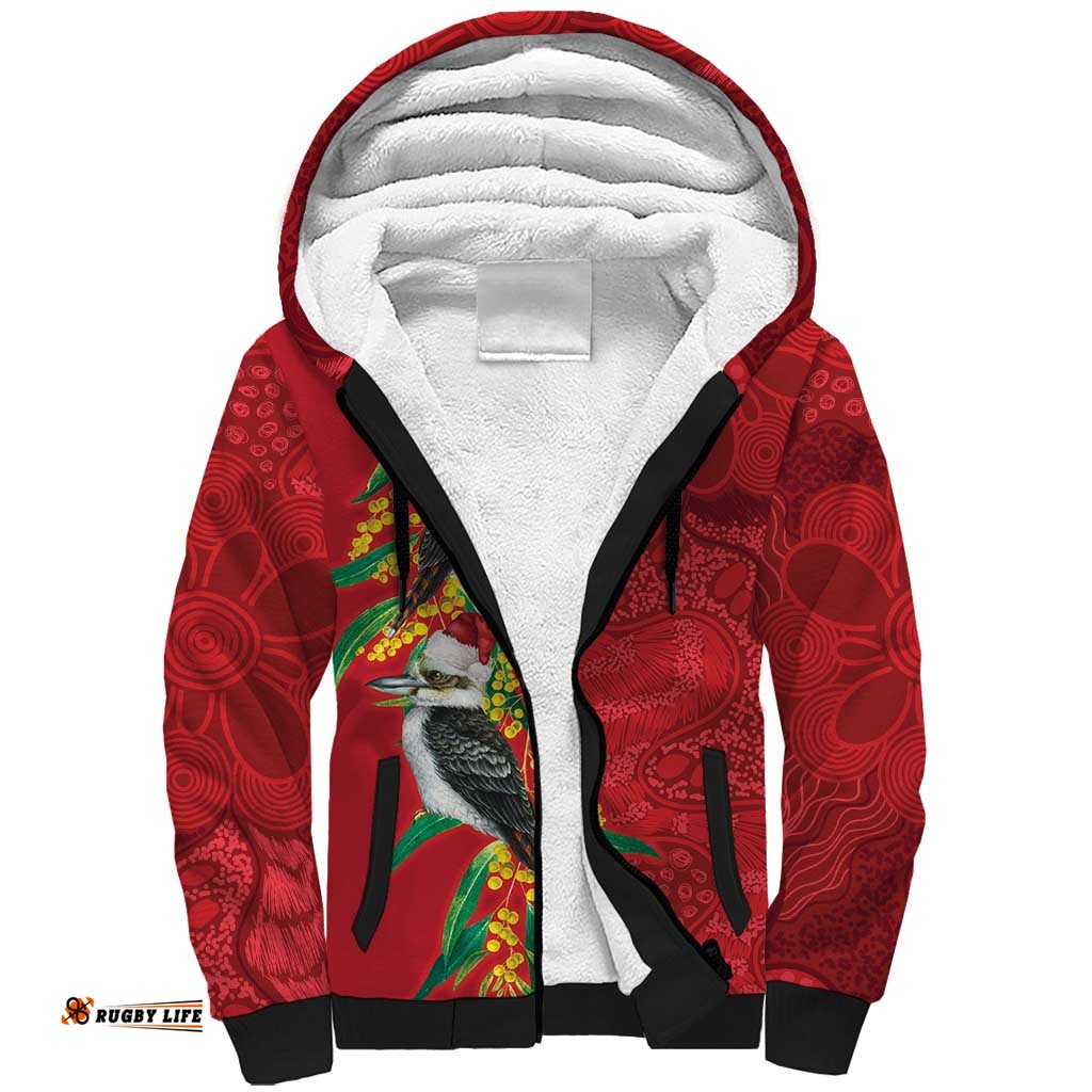 Aussie Kokaburra Golden Wattle Christmas Sherpa Hoodie Aboriginal Dots Painting Red Motif LT9