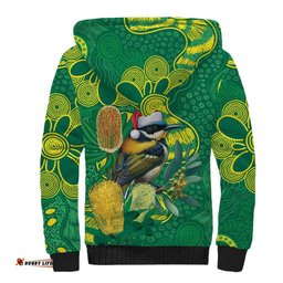Aussie Honeyeaters Banksia Christmas Sherpa Hoodie Aboriginal Dots Painting Green Motif LT9