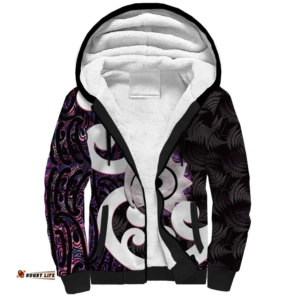 Aotearoa Koru Sherpa Hoodie Purple Maori Paua Shell Mix Silver Fern LT14