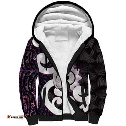 Aotearoa Koru Sherpa Hoodie Purple Maori Paua Shell Mix Silver Fern LT14
