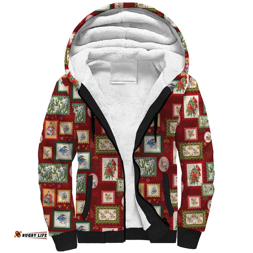 Aussie Birds Christmas La La Land Sherpa Hoodie Red Vintage Stamp Edition LT9