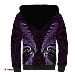 Aotearoa Pounamu Niho Sherpa Hoodie Silver Fern Mix Maori Pattern - Purple LT14