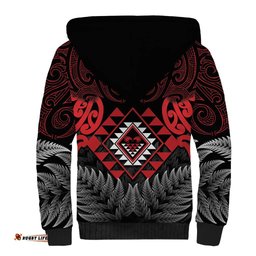 Aotearoa Kiwi Taniko Sherpa Hoodie Silver Fern With Maori Koru Pattern LT14