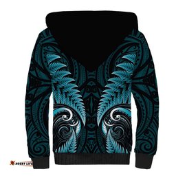 Aotearoa Pounamu Niho Sherpa Hoodie Silver Fern Mix Maori Pattern - Turquoise LT14
