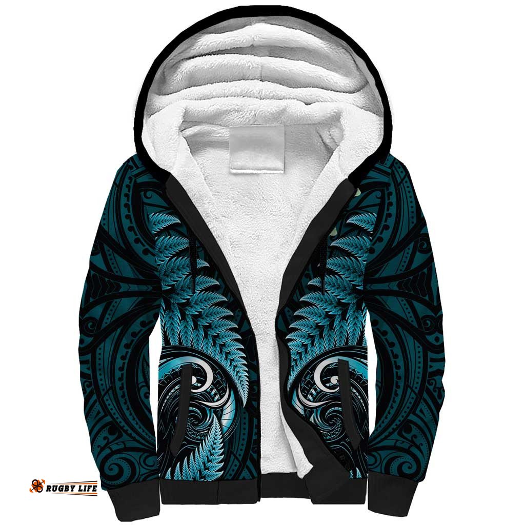 Aotearoa Pounamu Niho Sherpa Hoodie Silver Fern Mix Maori Pattern - Turquoise LT14