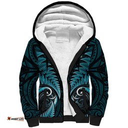 Aotearoa Pounamu Niho Sherpa Hoodie Silver Fern Mix Maori Pattern - Turquoise LT14