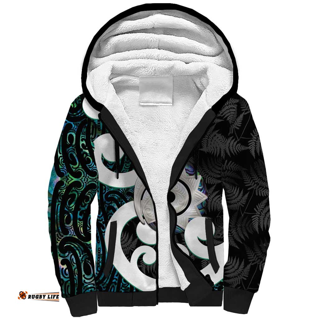 Aotearoa Koru Sherpa Hoodie Cyan Maori Paua Shell Mix Silver Fern LT14