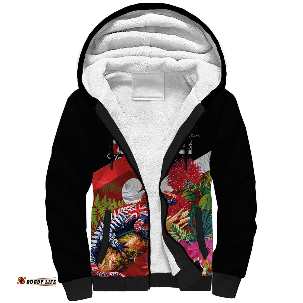 Aotearoa Toitu Te Tiriti Sherpa Hoodie Waitangi-Honour The Treaty NZ Tuatara and Plants LT03