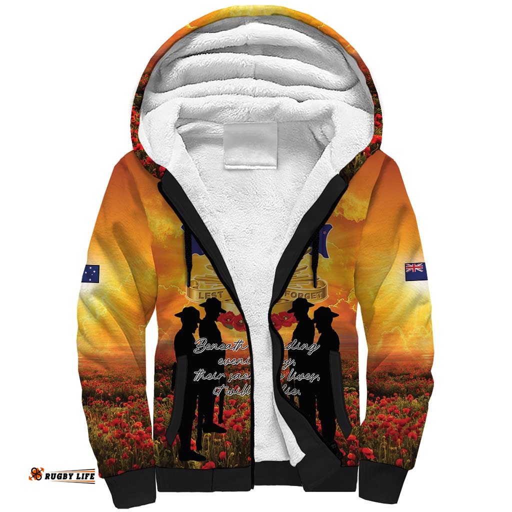 ANZAC Day Sherpa Hoodie Remembrance Tribute Soldiers And Poppy Field LT05