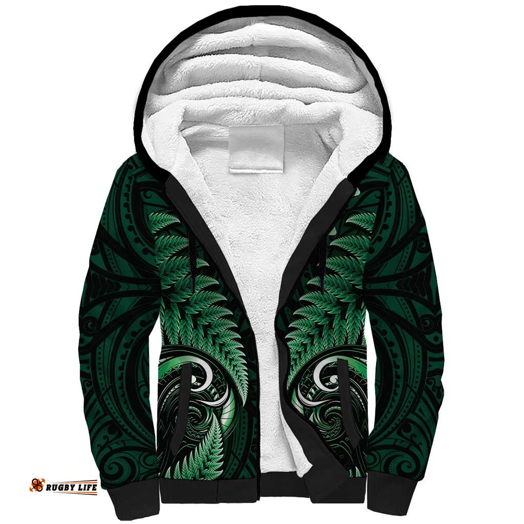 Aotearoa Pounamu Niho Sherpa Hoodie Silver Fern Mix Maori Pattern - Green LT14