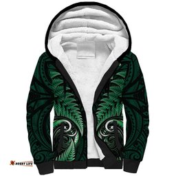 Aotearoa Pounamu Niho Sherpa Hoodie Silver Fern Mix Maori Pattern - Green LT14