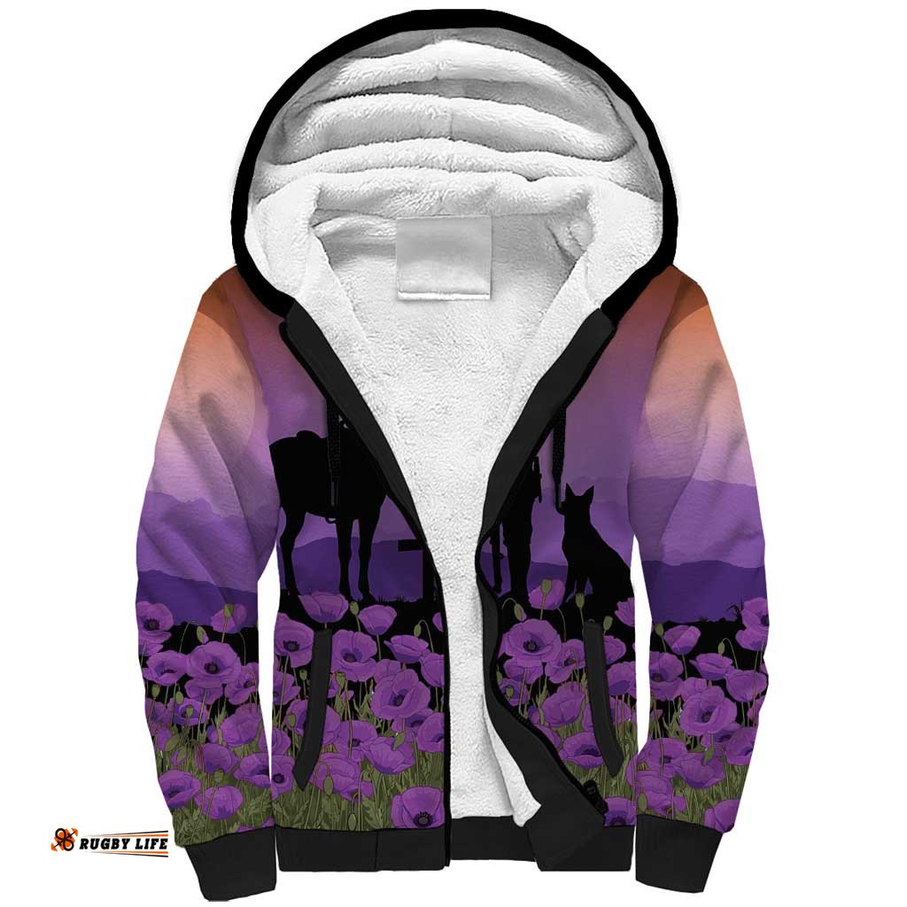 Australia ANZAC Animal Heroes Sherpa Hoodie Purple Poppies LT7