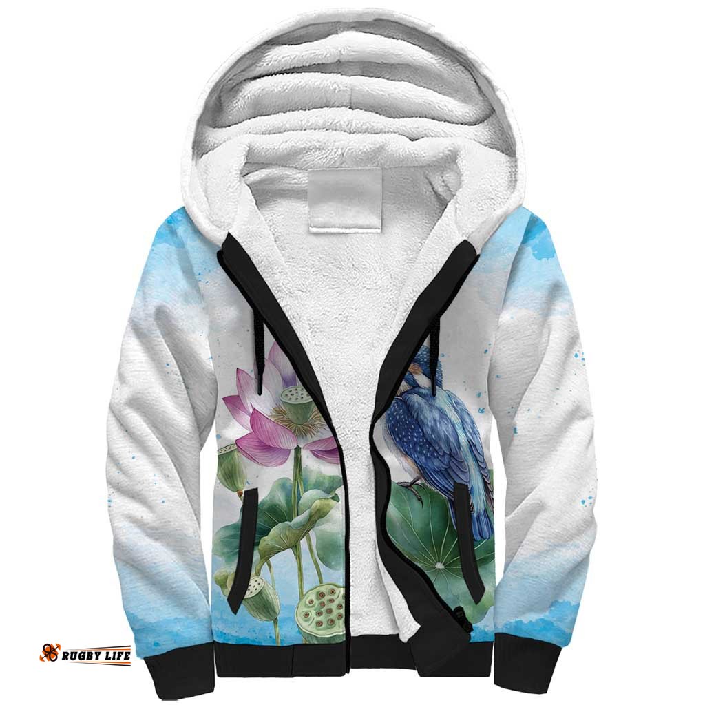 Australia Azure Kingfisher Sherpa Hoodie Ceyx Azureus Sacred Lotus Watercolor LT14