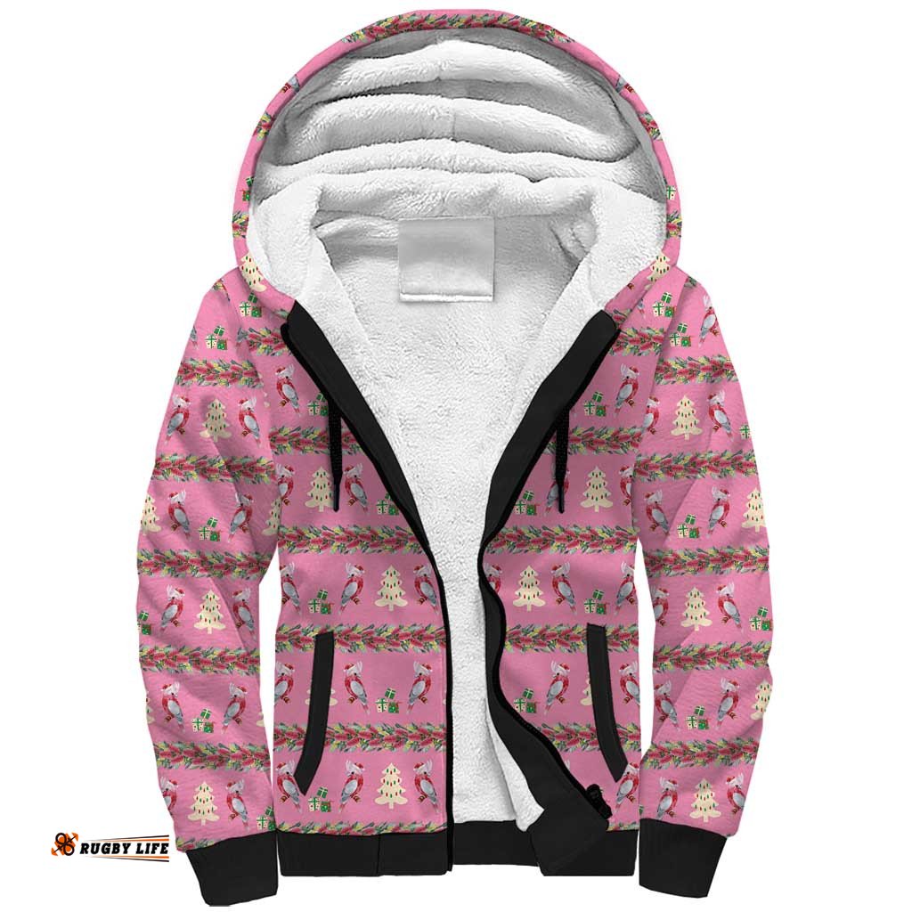 Australia Pink Galah Christmas Sherpa Hoodie Eolophus Roseicapilla Bottlebrush Seamless LT14
