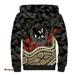 Collingwood Magpies ANZAC Day Sherpa Hoodie Indigenous Dot Art with Poppy Flower Tribute TS04