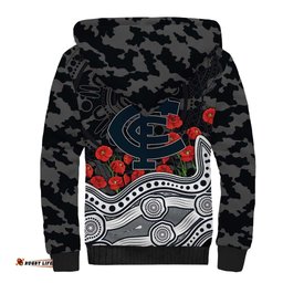 Carlton Blues ANZAC Day Sherpa Hoodie Indigenous Dot Art with Poppy Flower Tribute TS04