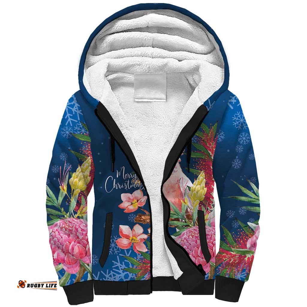 Australia Christmas Pink Cockatoo with Banksia Sherpa Hoodie Snowy Blue LT7