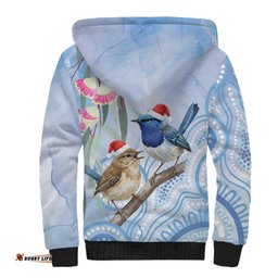 Australia Superb Fairywren Christmas Sherpa Hoodie Aboriginal Eucalyptus Blossoms Watercolor LT14
