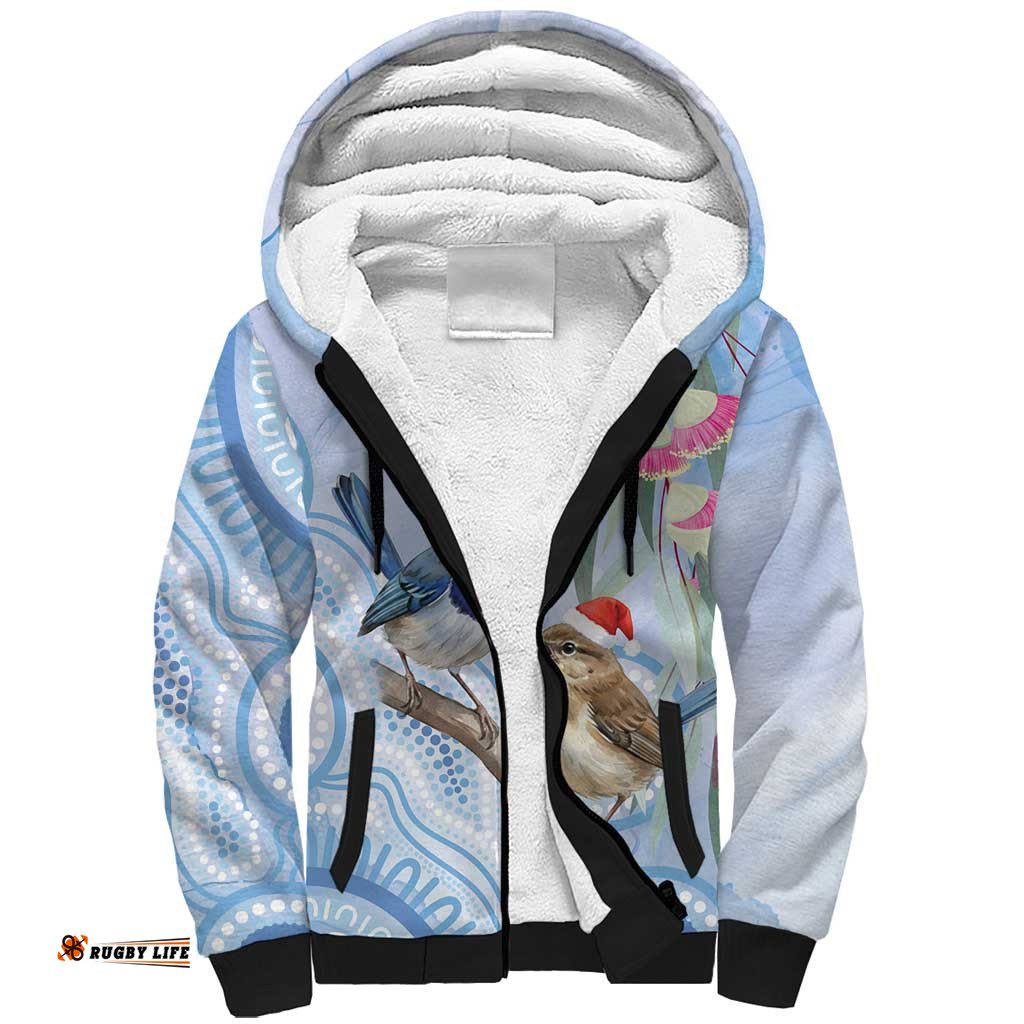 Australia Superb Fairywren Christmas Sherpa Hoodie Aboriginal Eucalyptus Blossoms Watercolor LT14