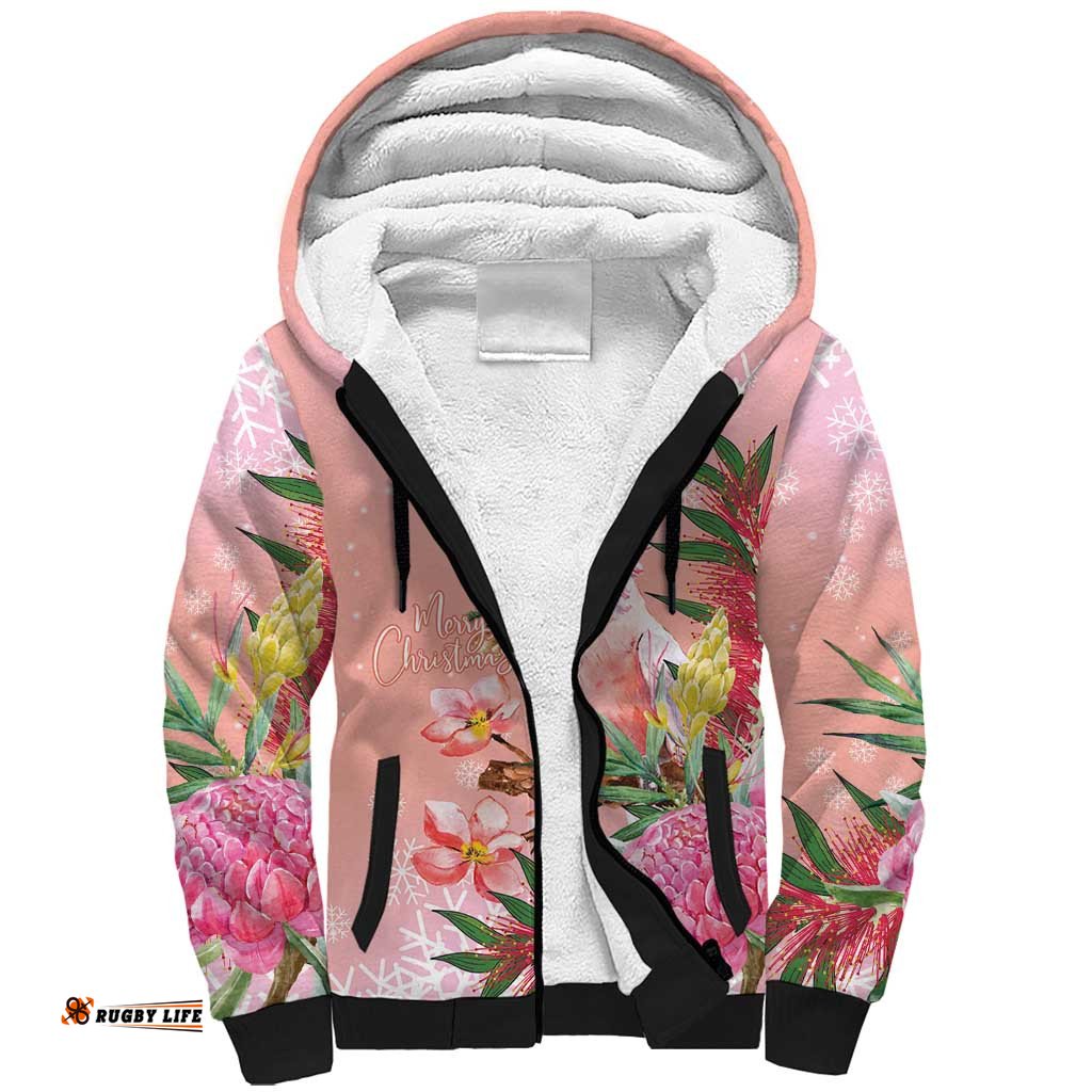 Australia Christmas Pink Cockatoo with Banksia Sherpa Hoodie Coral Pink LT7