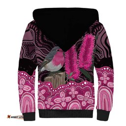Australia Indigenous Sherpa Hoodie Breast Cancer Pink Robin Bottlebrush Aboriginal Art LT14