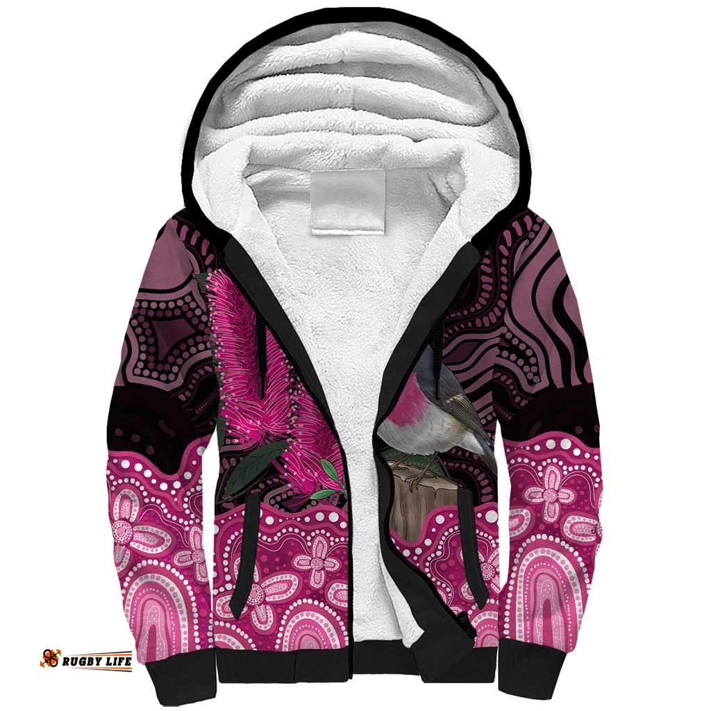 Australia Indigenous Sherpa Hoodie Breast Cancer Pink Robin Bottlebrush Aboriginal Art LT14