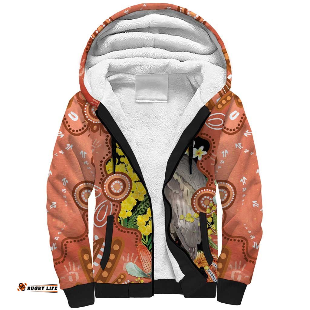 Australia Tawny Frogmouth Sherpa Hoodie Golden Wattle Banksia Aboriginal Art LT14