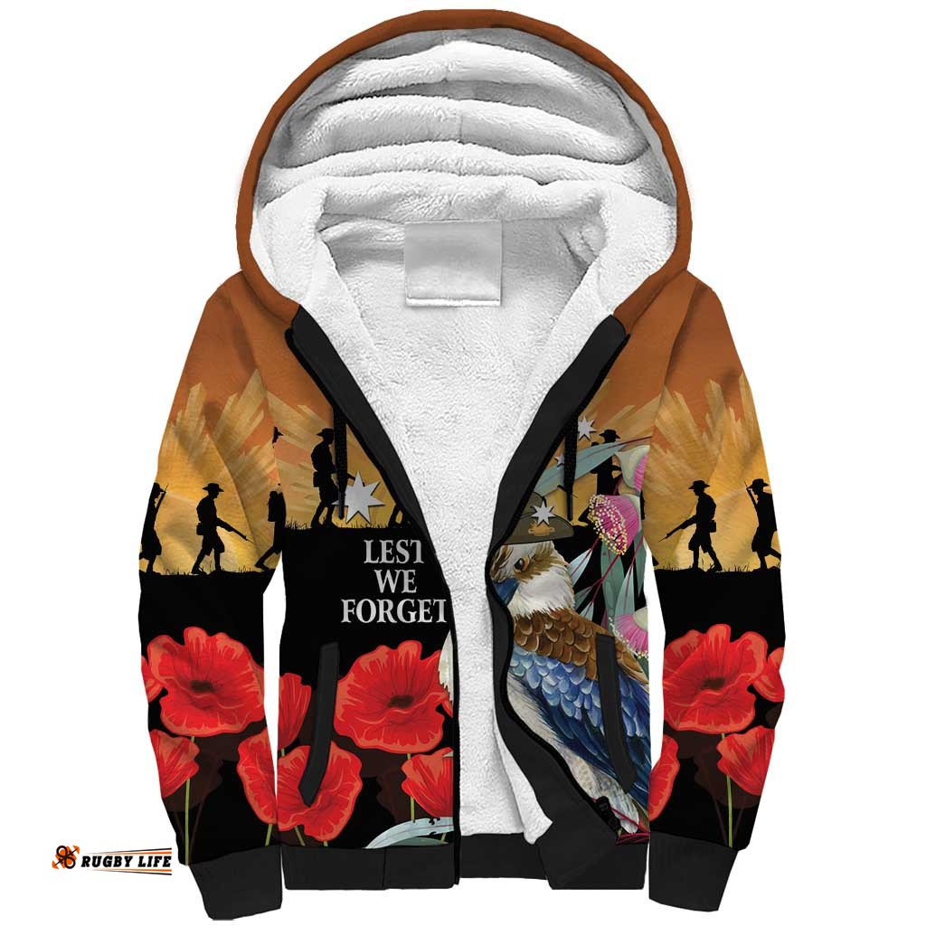 Australia Kookaburra ANZAC Day Sherpa Hoodie Rising Sun 25th April Poppy Eucalyptus Blossoms LT14