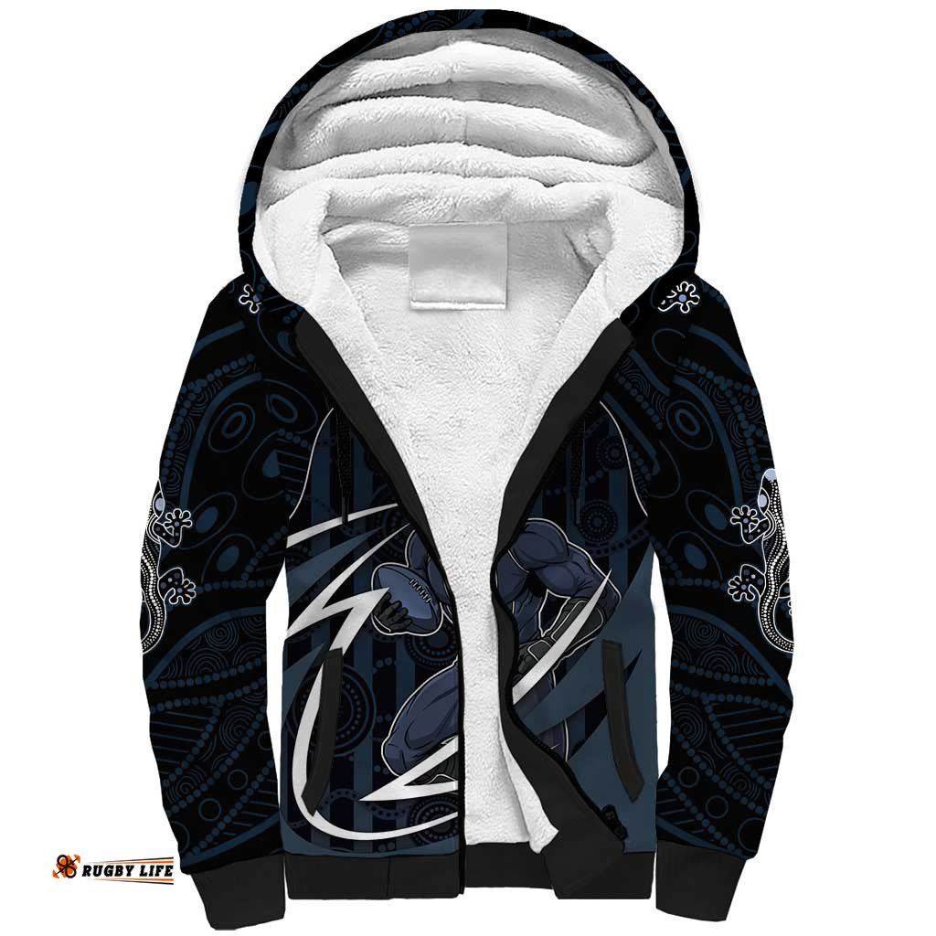 Custom Carlton Navy Sherpa Hoodie Captain With Aboriginal Art DT05