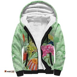Birds and Floral Aussie Budgerigars Sherpa Hoodie Mint Opal LT7