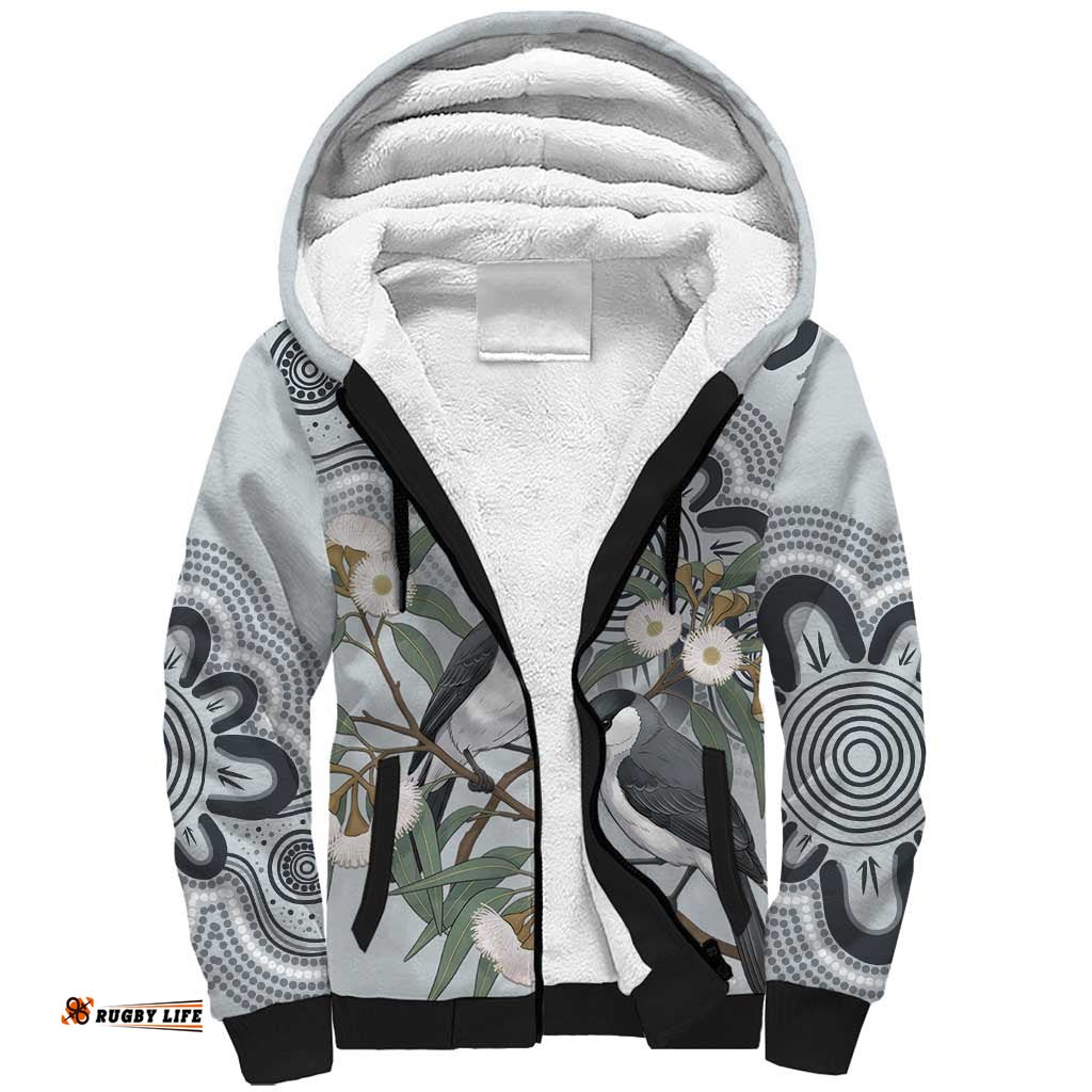 Australia Grey Butcherbird Sherpa Hoodie Eucalyptus Alba Indigenous Art LT14