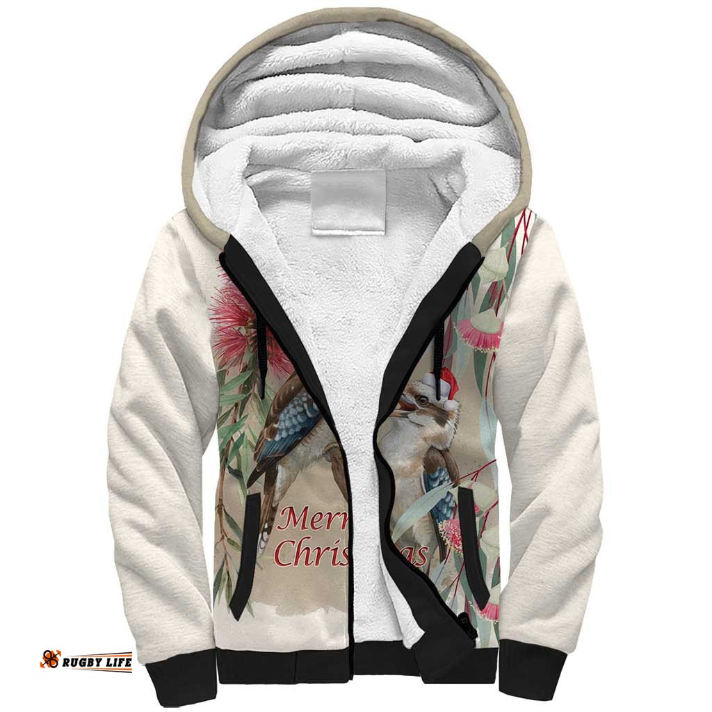 Australia Kookaburra Christmas Sherpa Hoodie Bottlebrush Eucalyptus Blossoms Watercolor LT14