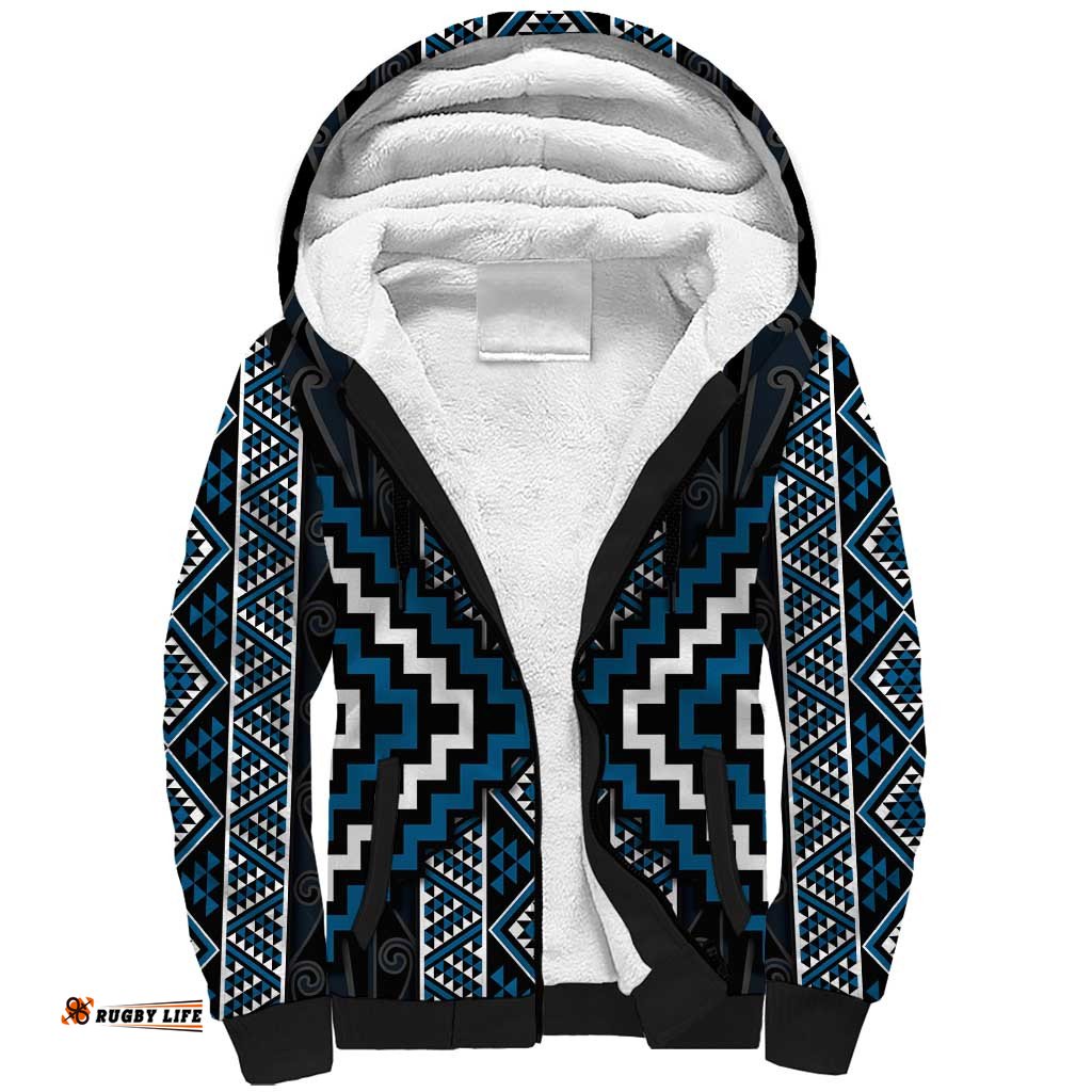 Azure Tukutuku Pattern Aotearoa Sherpa Hoodie Niho Taniwha and Puhoro Motifs LT7