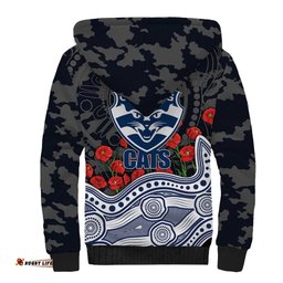 Geelong Cats ANZAC Day Sherpa Hoodie Indigenous Dot Art with Poppy Flower Tribute TS04