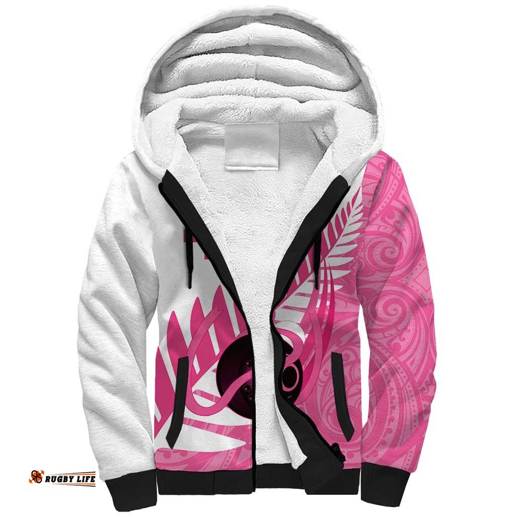 New Zealand Lawn Bowls Breast Cancer Custom Sherpa Hoodie Aotearoa Maori Silver Fern Pink Ribbon LT14