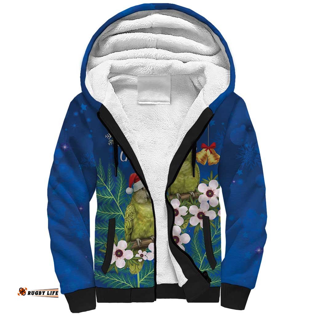 New Zealand Kakapo Christmas Sherpa Hoodie Owl Parrot Santa Sliver Fern Manuka - Blue LT14