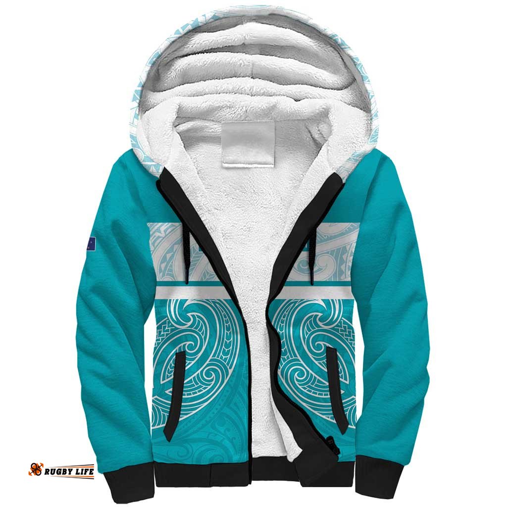 New Zealand Silver Fern Cricket Custom Sherpa Hoodie Black Cap Teal Maori Pattern LT14